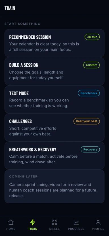 AIMlete train screen offering a recommended thirty minute session, a custom session builder, benchmark test mode and challenges.