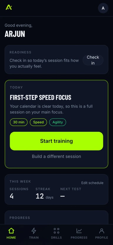 AIMlete home screen showing readiness marked ready, a thirty minute first-step speed session recommended for today, and a start training button.